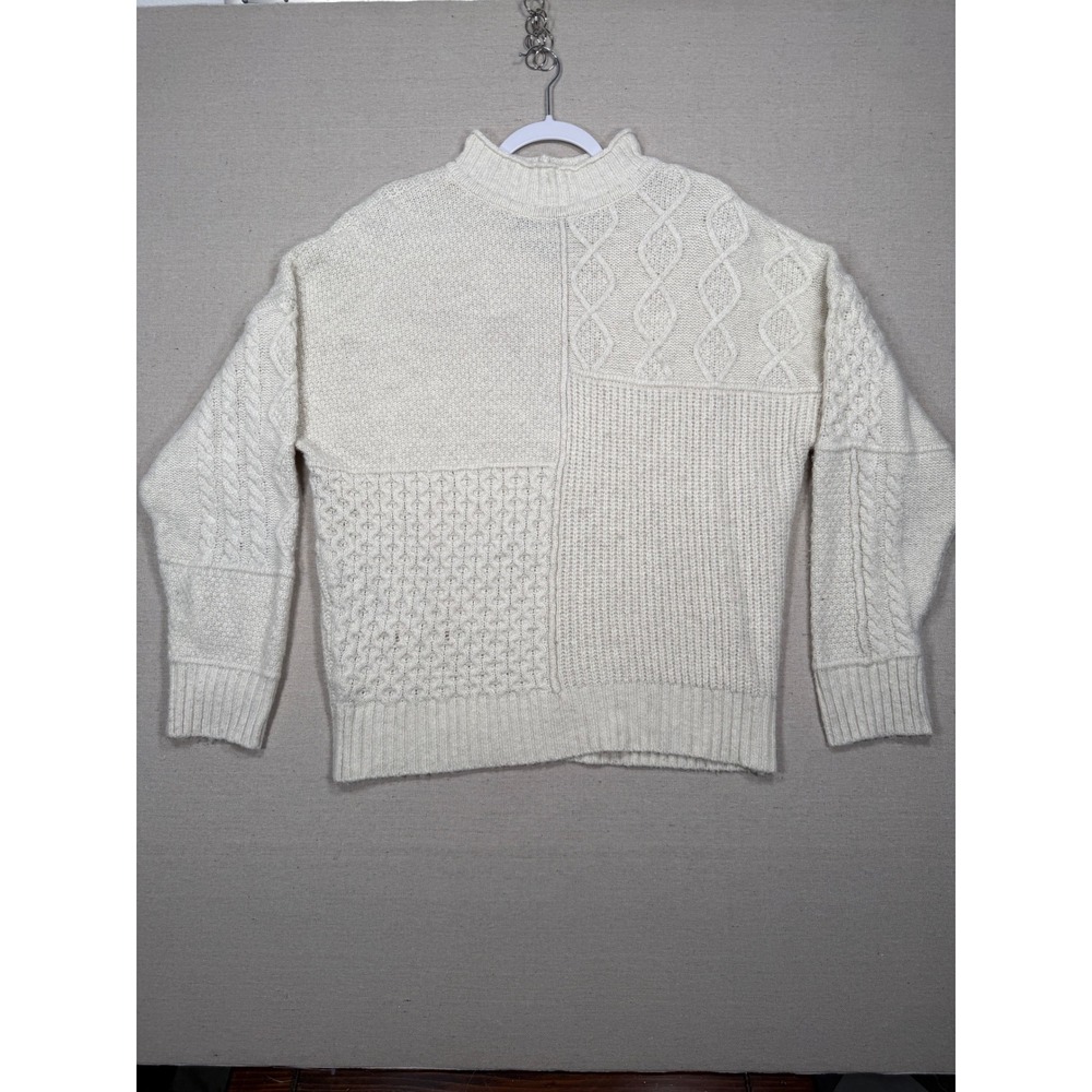 American Eagle Womens Large Cream Patchwork Cable Knit Mock Neck Sweater Ivory